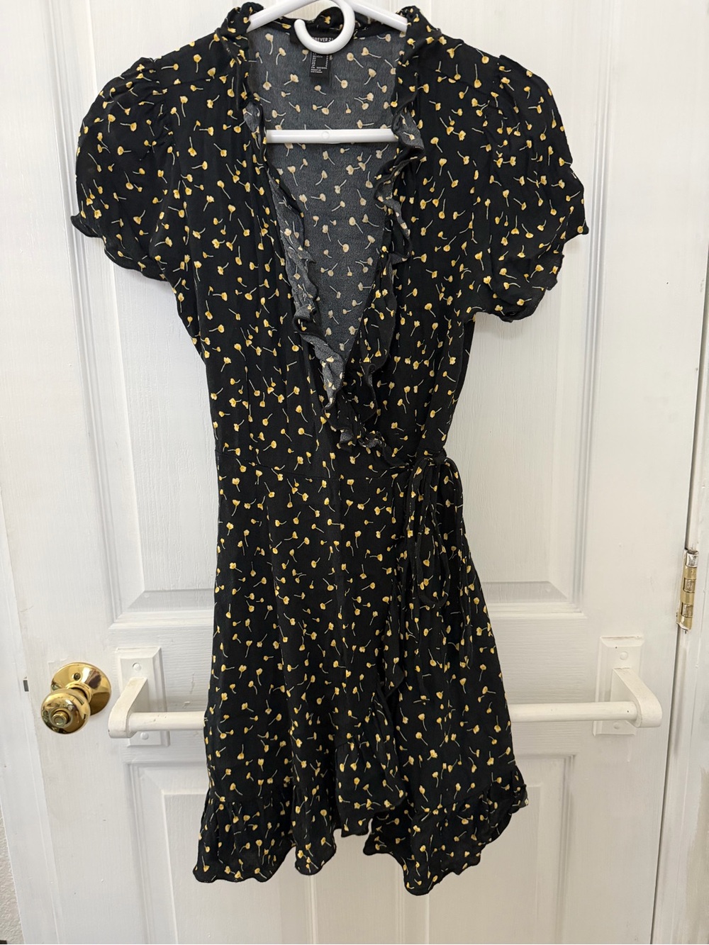 Forever 21 Black Wrap Dress with Yellow Floral Print